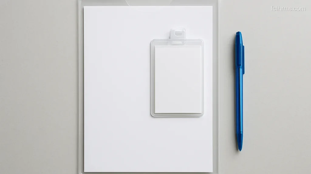 Clear document folder with a blank ID card, blank sheet and pen on a table