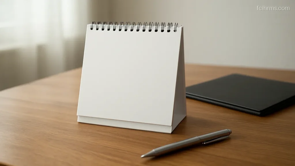 Desk calendar with plain blank pages next to a pen on an office table