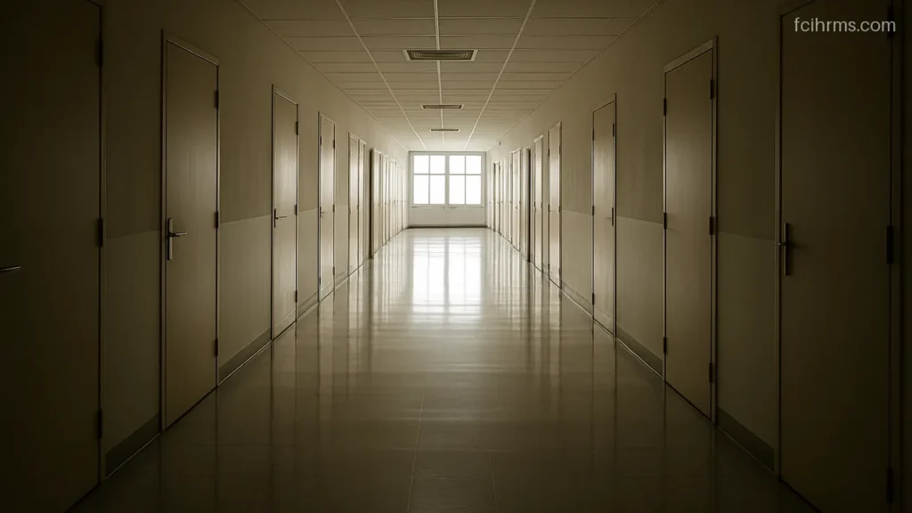 Empty corridor of an exam centre building with closed doors in early morning