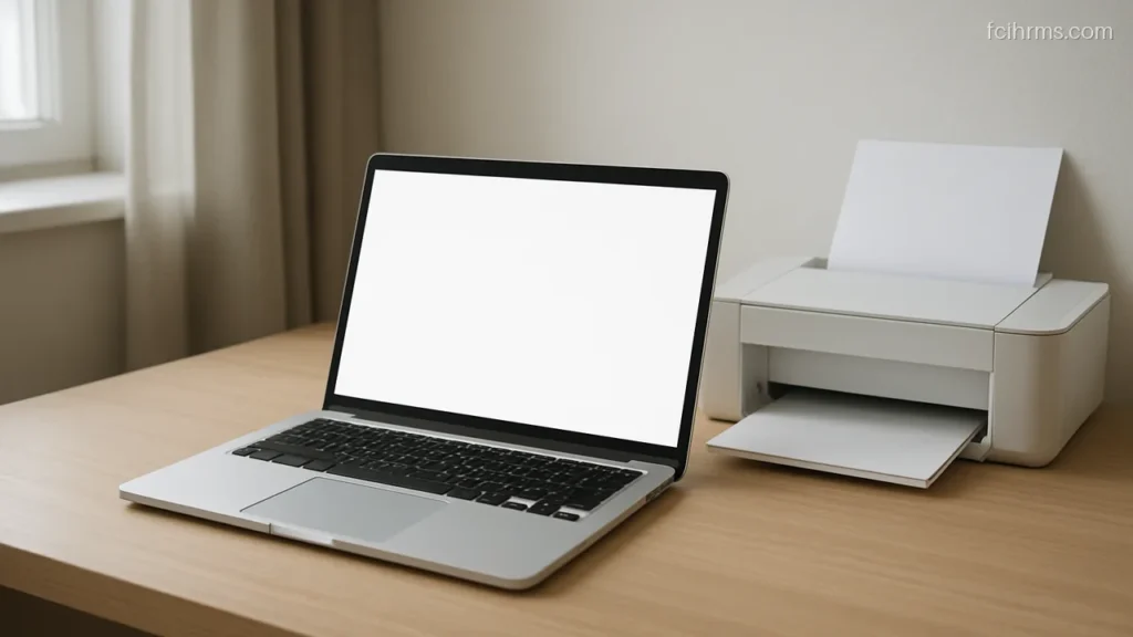 Laptop with a blank screen beside a small printer holding white paper sheets