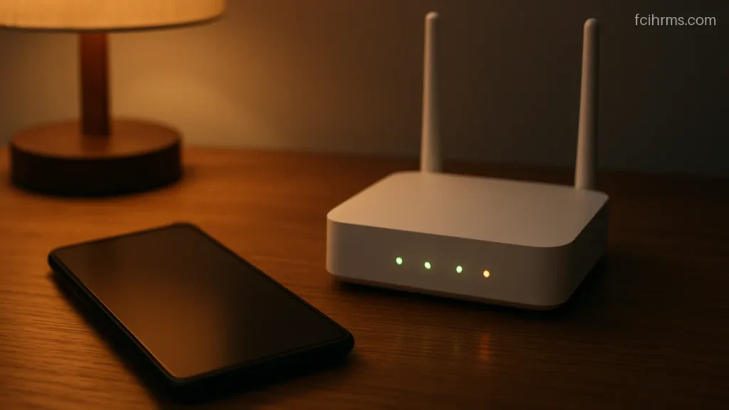 Smartphone with a blank screen next to a home router on a desk at night