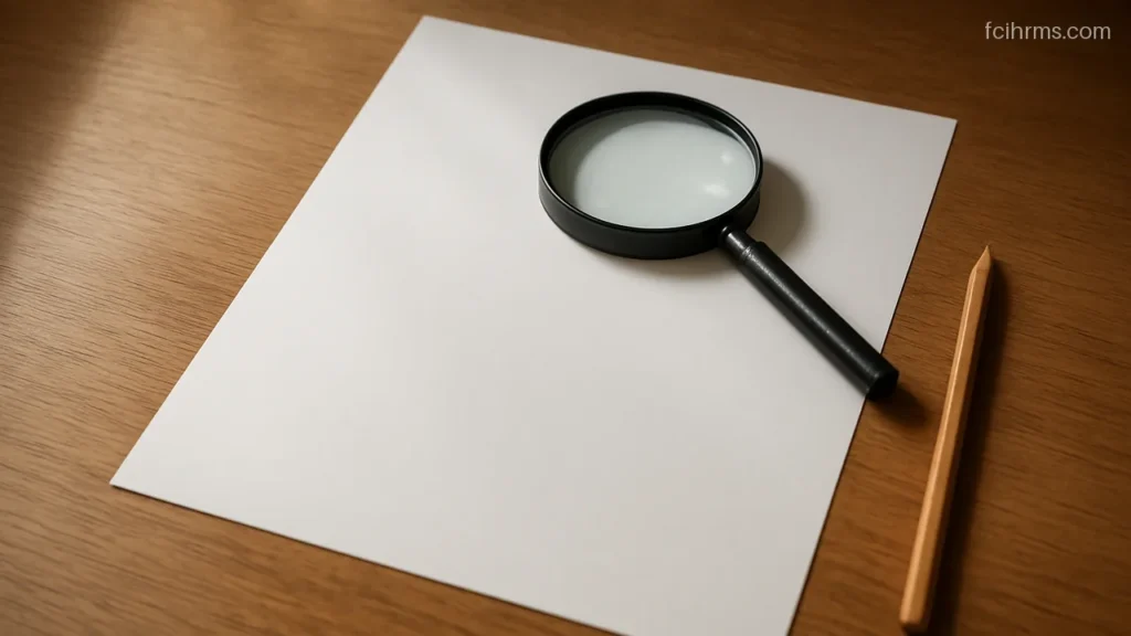 Blank printed sheet under a magnifying glass on a wooden desk near a window