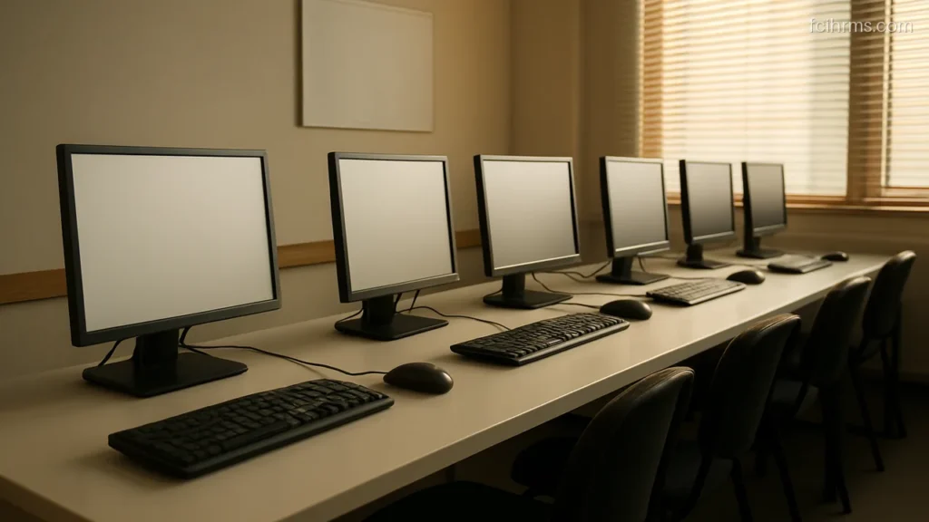 Quiet computer lab with blank monitors on long desks in afternoon light