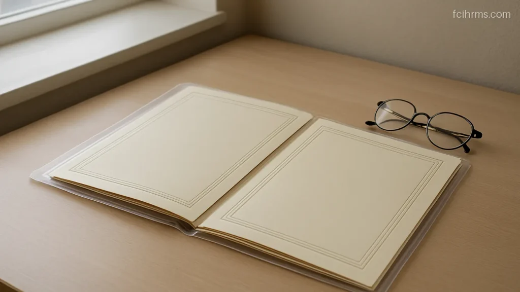 Open document folder with blank certificate pages on a desk near a window