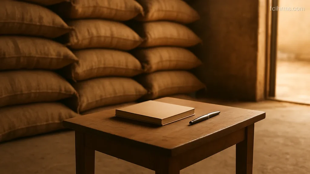 Small table with a closed register and pen inside a grain depot with sack stacks