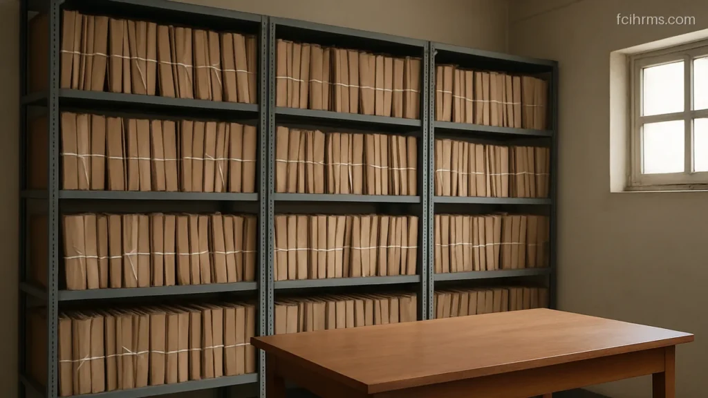 Office shelves filled with buff cardboard files tied with string in a quiet room