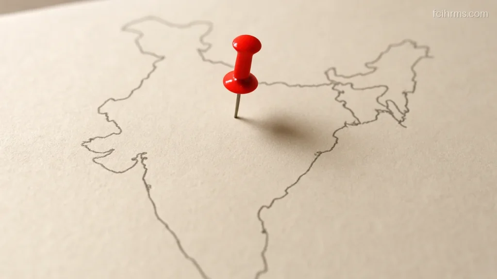 Plain outline map of India without labels with a single red pin