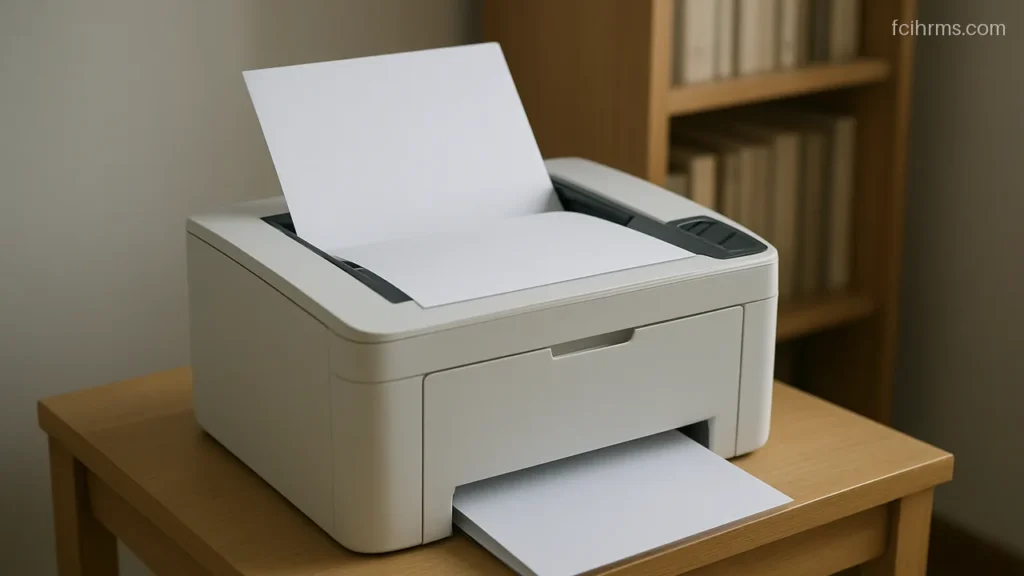 Office printer with a few blank white sheets resting in its output tray