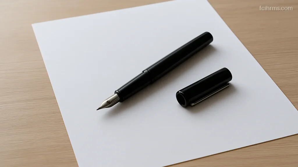 Black ink pen resting on a plain blank sheet of white paper on a desk