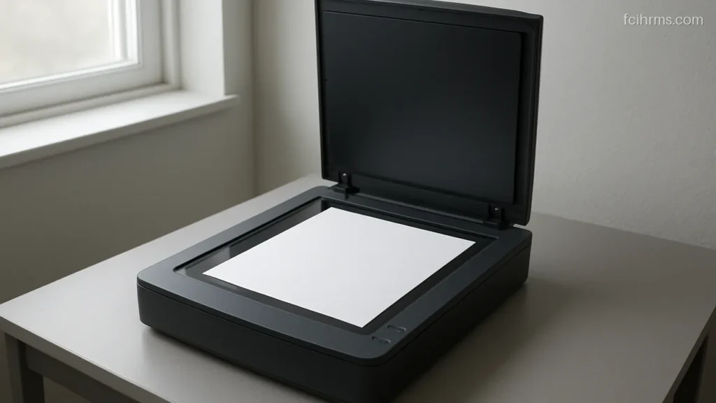 Flatbed scanner with lid open and a blank white sheet on the glass