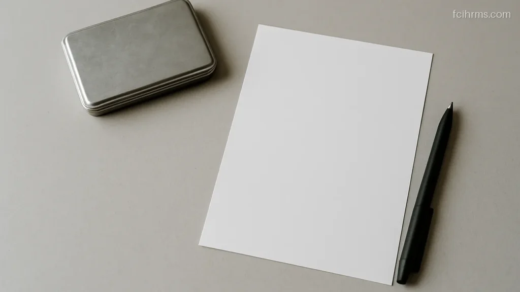 Closed ink stamp pad beside a plain white sheet and pen on a table