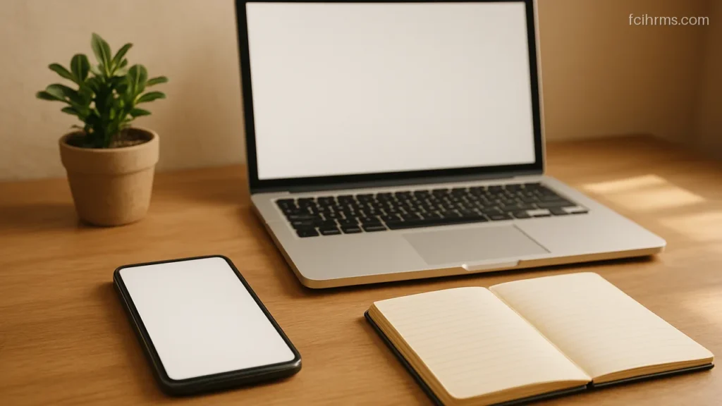 Smartphone with a blank screen placed beside a laptop on a study desk