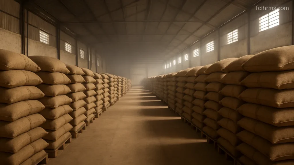Long rows of stacked jute grain sacks inside a large depot shed in morning light