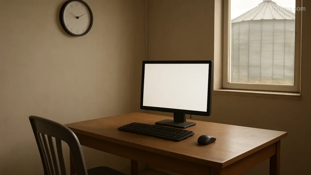 Desktop computer with a blank monitor on a simple table inside a depot office room