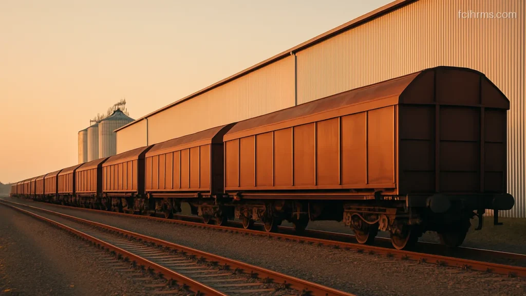 Goods train wagons waiting at a grain depot railway siding at dusk