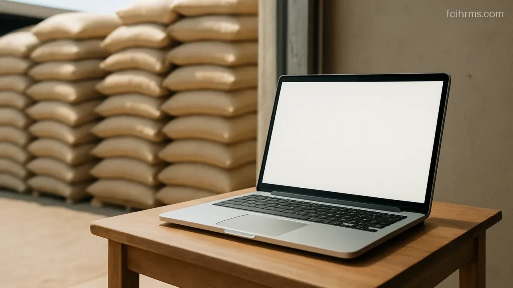Open laptop with a blank screen on a table near a depot loading door