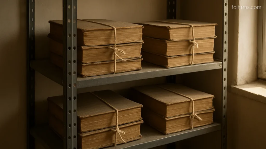 Old bound paper registers tied with string on a metal shelf in a depot office