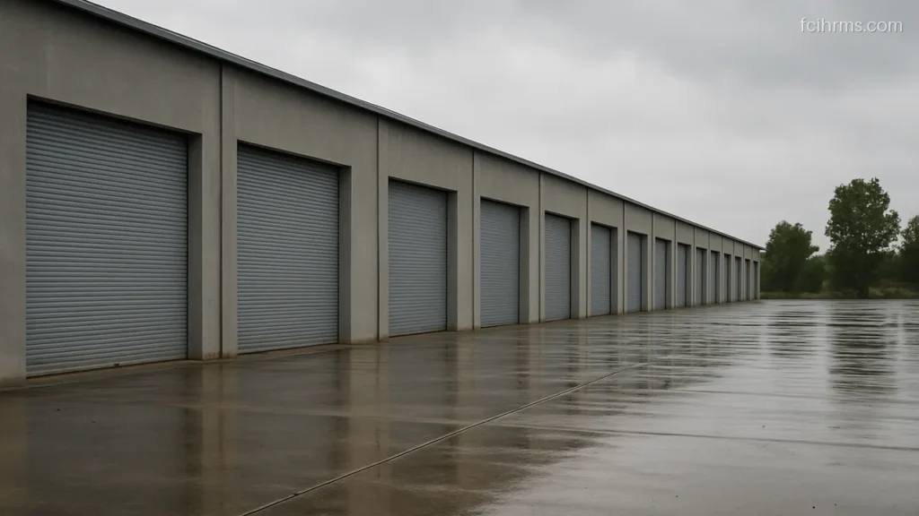 Row of long grey warehouse sheds with closed shutters under a cloudy sky