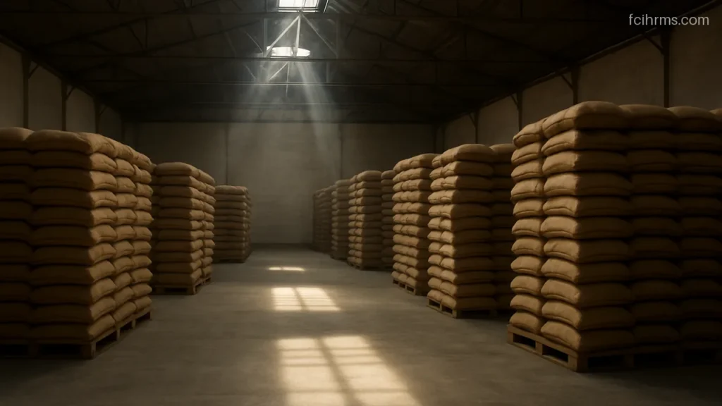 Tall neat stacks of plain jute grain sacks inside a large warehouse with skylights