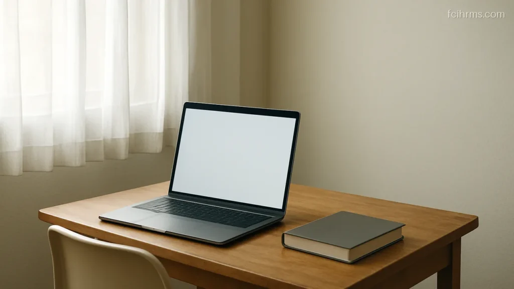 Laptop with a plain blank screen on a small home study table near a window