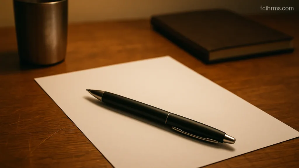 Black pen lying on a sheet of blank white paper on a wooden study table
