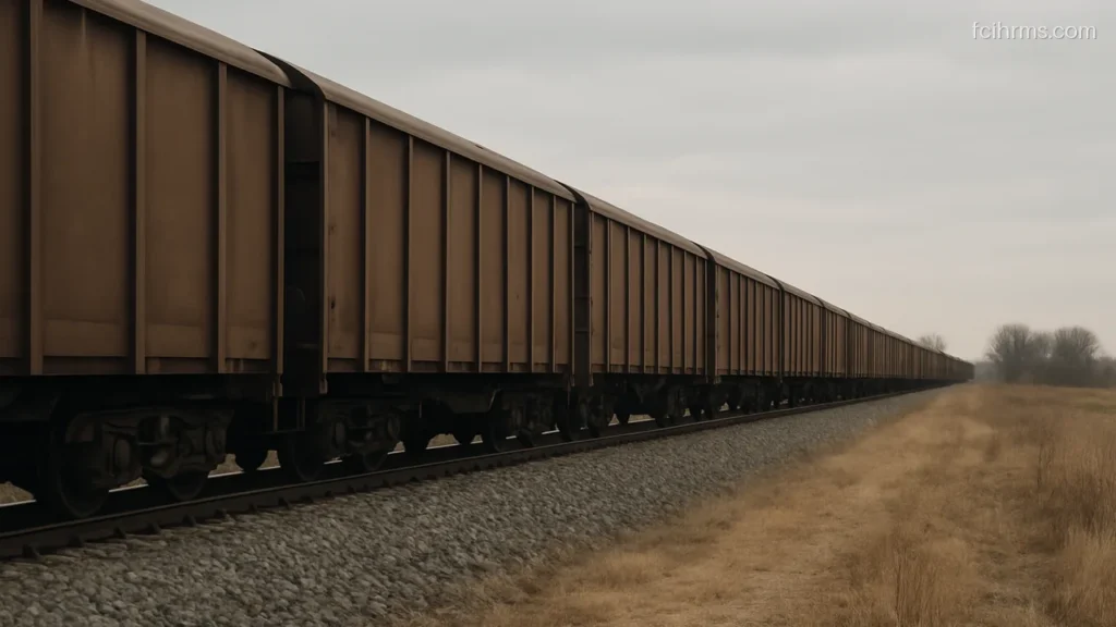 Line of covered railway goods wagons standing on a rural siding under cloudy sky