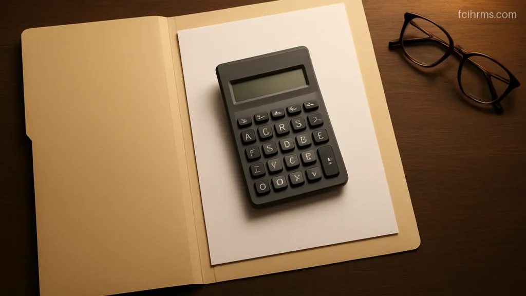 Calculator resting on a blank payslip shaped sheet inside an open plain folder