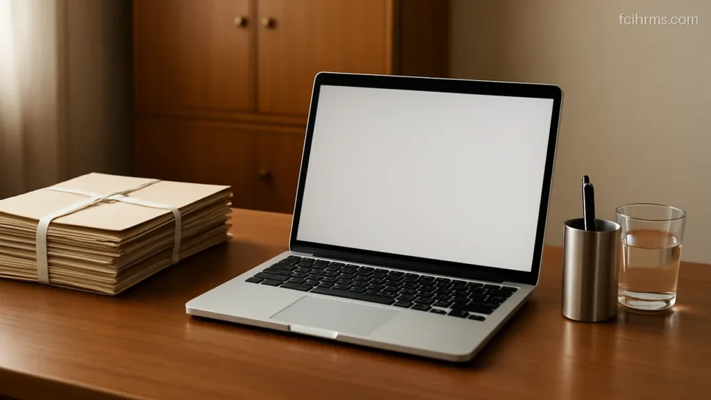 Tidy government office desk with a laptop showing a blank screen beside stacked files