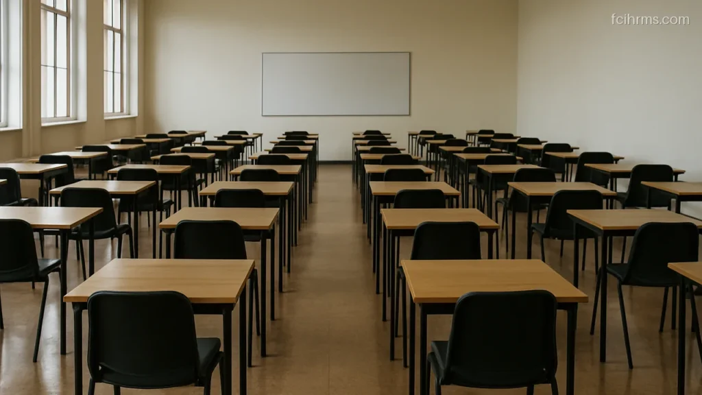 Empty examination hall with neat rows of wooden desks and chairs in daylight