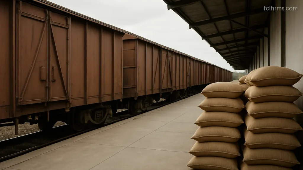 Covered goods train wagons waiting beside a loading platform stacked with jute sacks