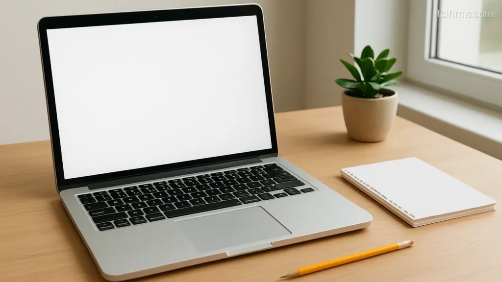 Open laptop with a plain blank screen on a desk beside a blank notepad and pencil