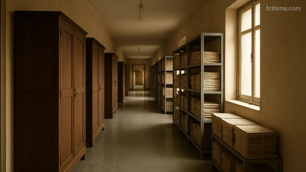 Quiet office corridor lined with wooden almirahs and steel racks holding bundled paper files