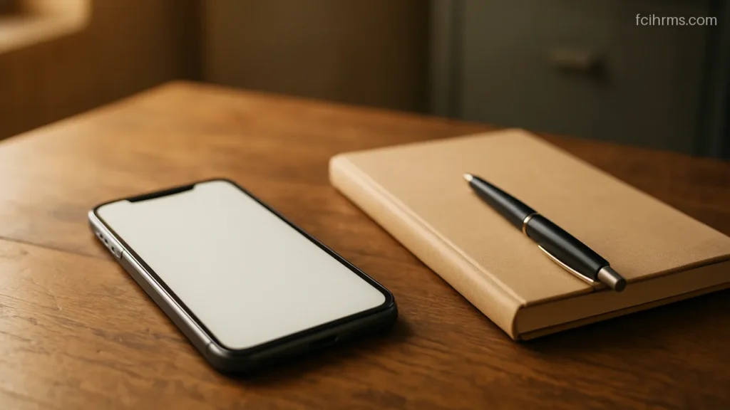 Smartphone with a plain blank screen resting on a wooden table near a notebook