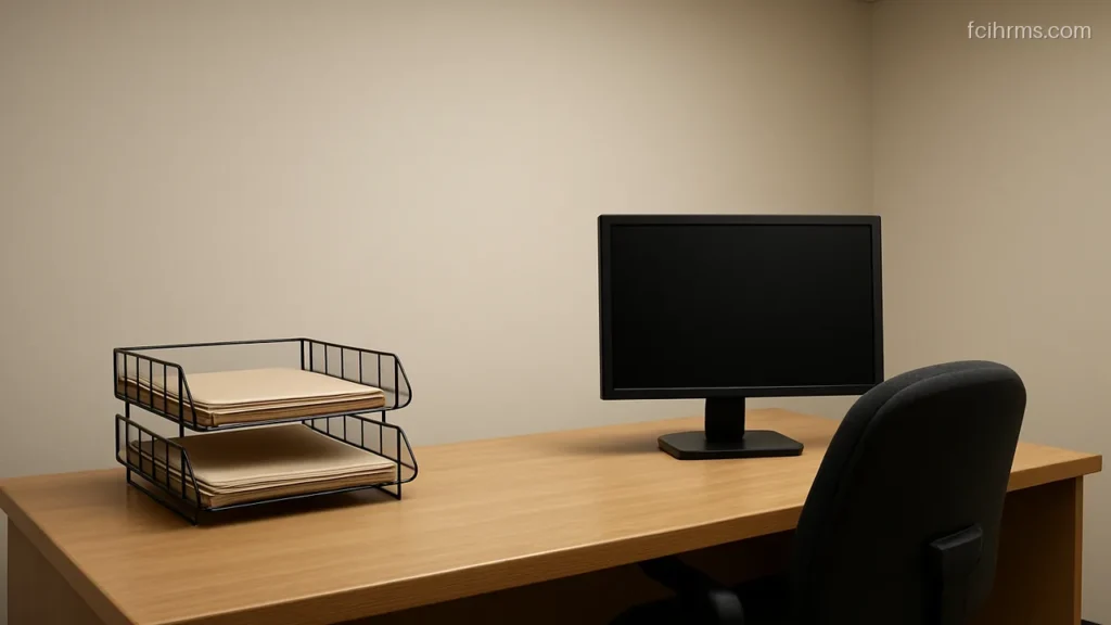 Office desk with an in tray and out tray holding plain files beside a blank monitor