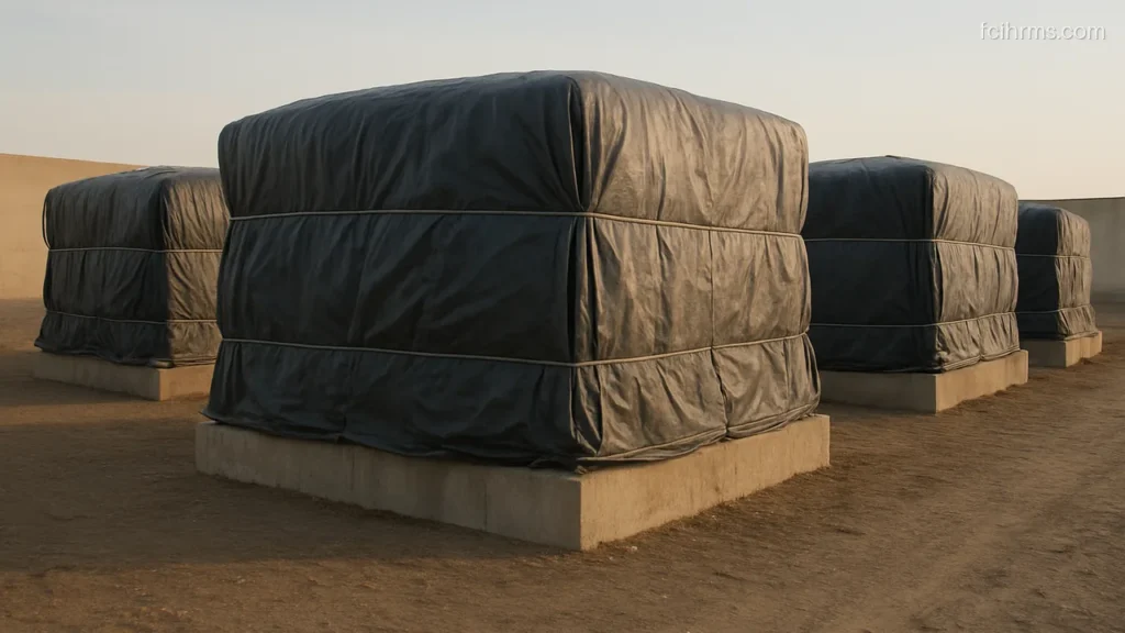 Grain stacks on a raised open plinth covered with heavy dark sheets