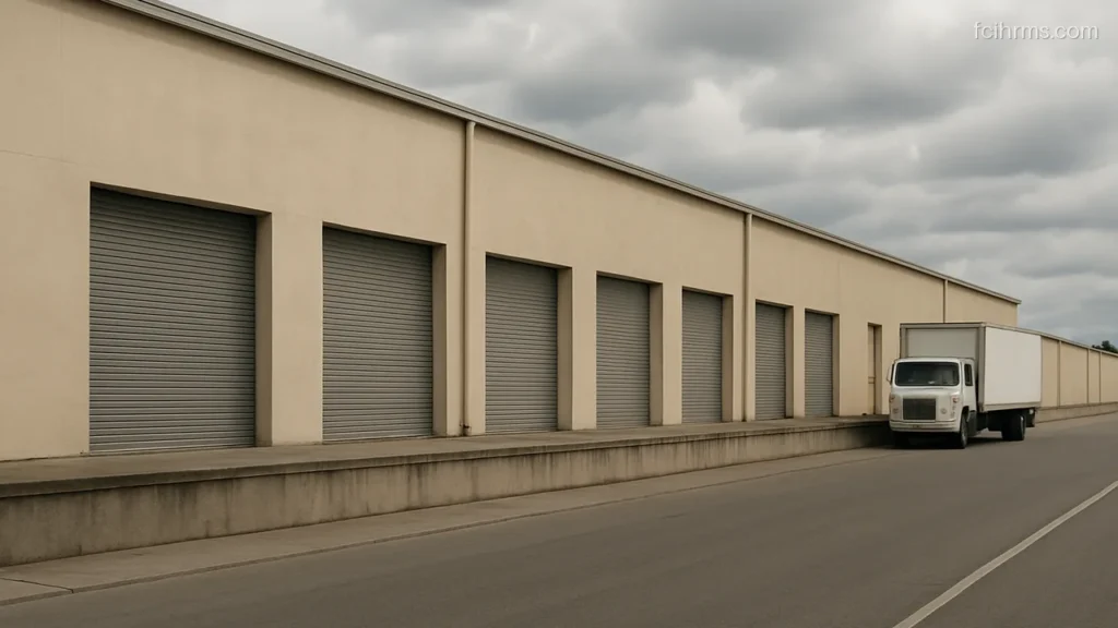 Row of plain warehouse buildings with loading platforms on a cloudy afternoon