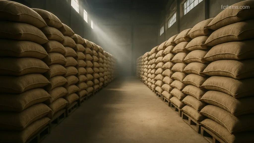 Neat blocks of jute grain sacks with a clear walking aisle inside a shed