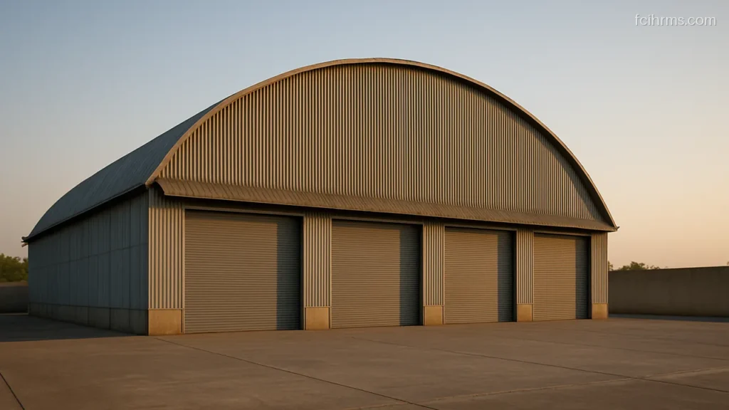 Large grain depot shed with a curved roof and closed shutters in morning sun