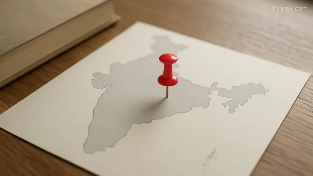 Red map pin pushed into a plain unlabelled map of India on a desk