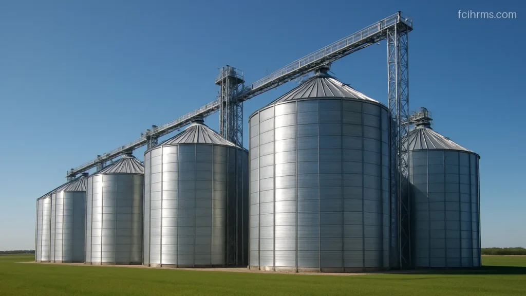 Group of tall steel grain silos standing against a clear blue sky
