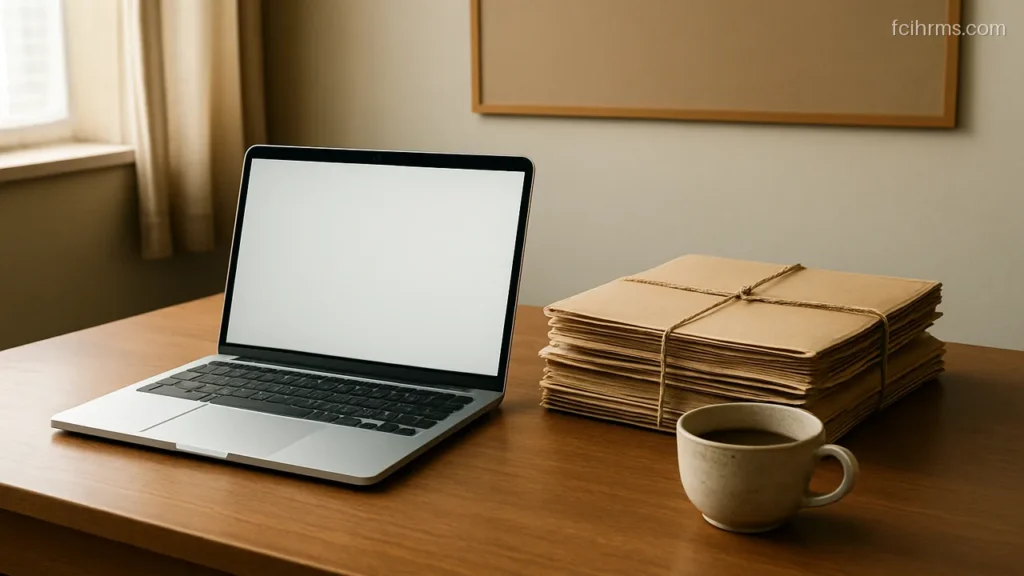 Laptop with a plain blank screen on a wooden office desk beside neat file folders