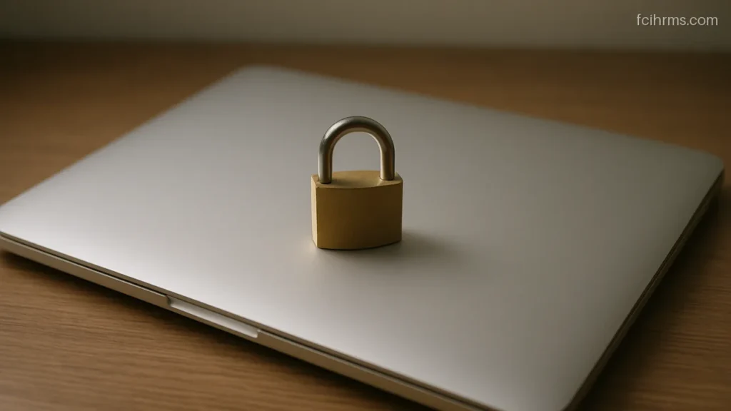 Small metal padlock resting on the closed lid of a laptop on a table