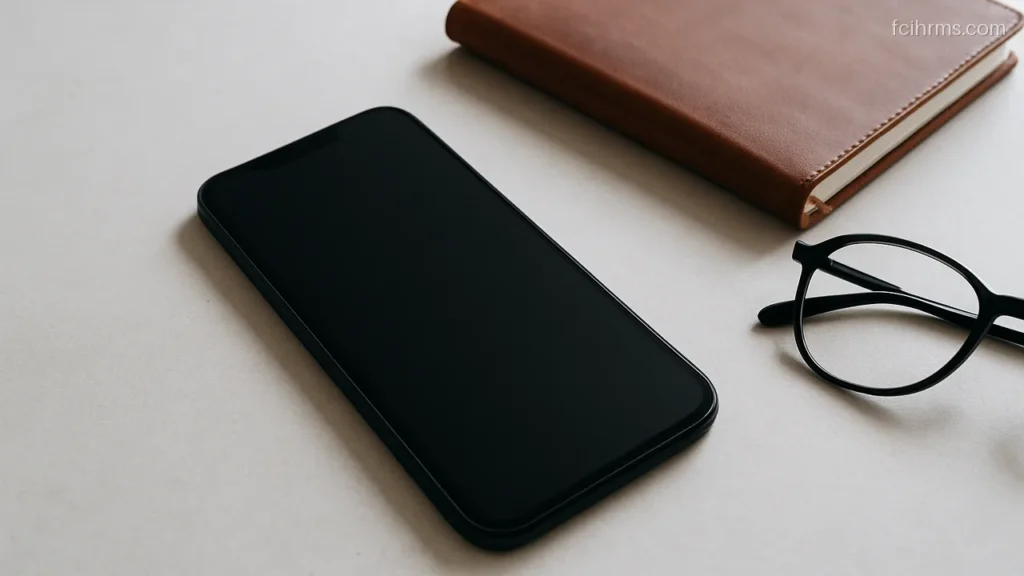 Mobile phone with a blank dark screen lying face up beside a closed diary
