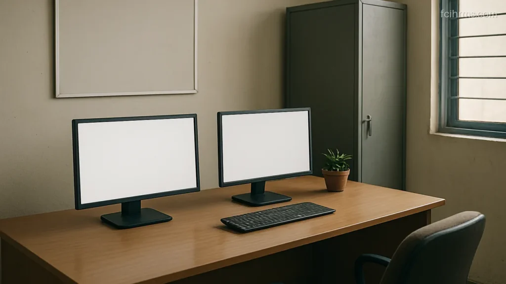 Two computer monitors with blank screens on a long desk in a quiet office