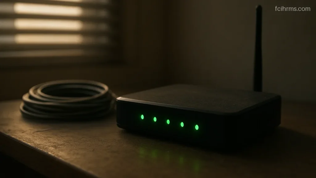 Small office router with glowing status lights on a desk in a dim room