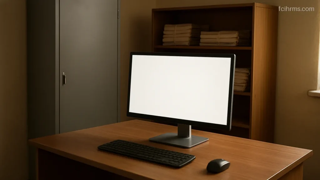 Quiet district office room with a desktop computer showing a blank monitor