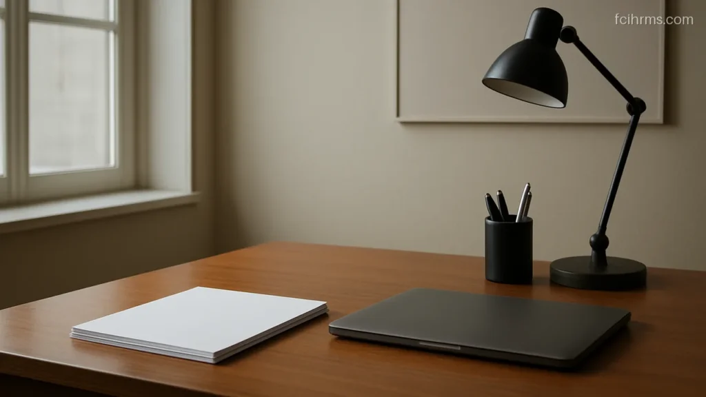 Neat pile of blank report sheets beside a closed laptop on an office desk