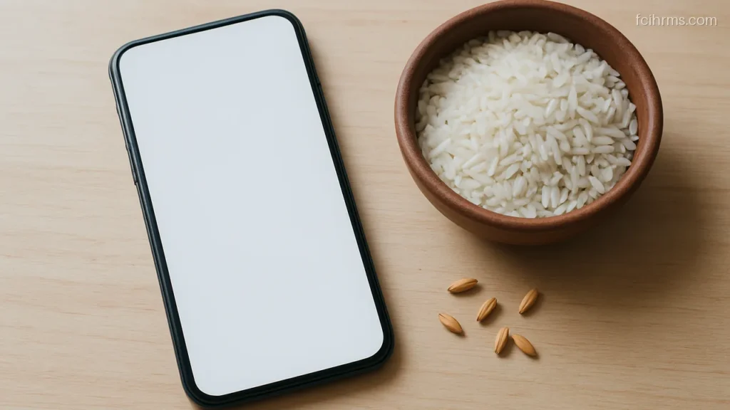 Smartphone with a blank screen lying beside a small bowl of rice grains