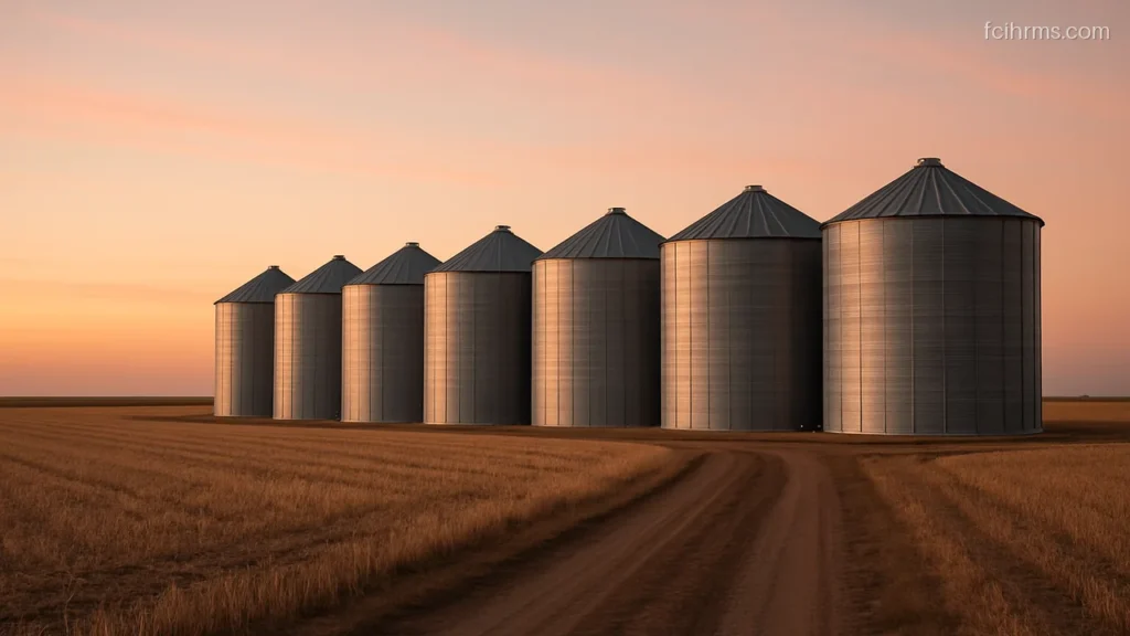 Row of steel grain silos beside open fields under a soft dusk sky