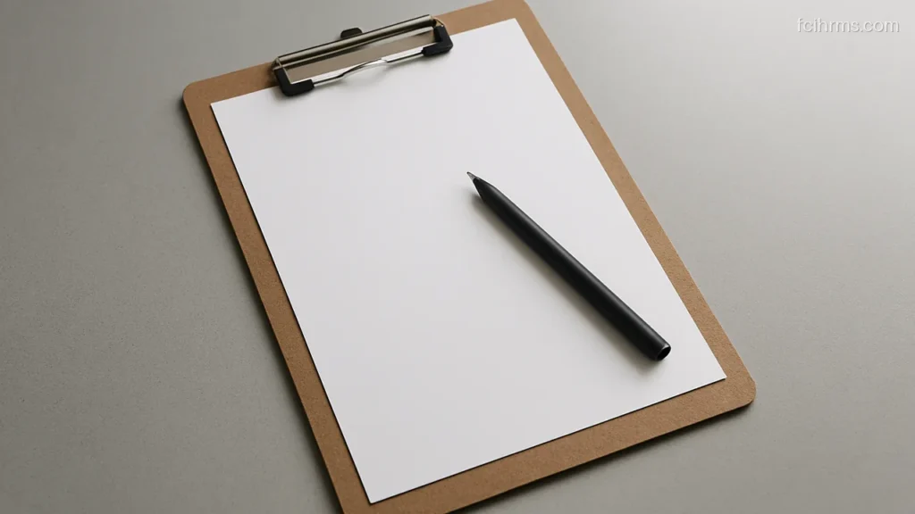 Clipboard holding a blank sheet with a pen lying across it on a desk